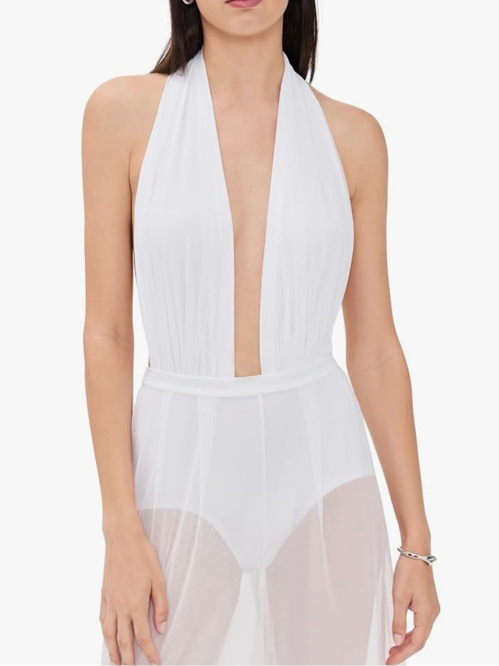 Norma Kamali White Halter Deep V One-Piece | Bridal, Bachelorettes